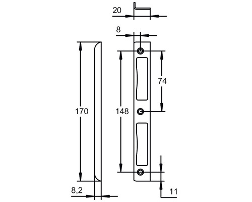 Hoeksluitplaat voor binnendeuren, links/rechts, matzwart, 8x20x170 mm
