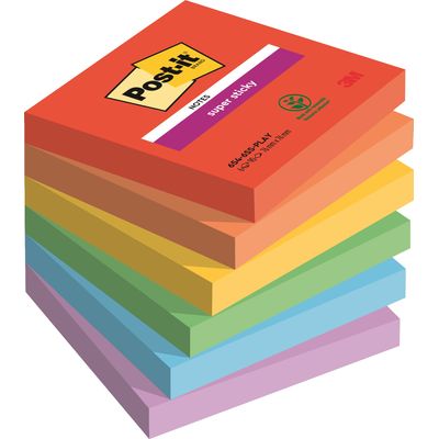 Post-it - 6 Blocs notes de 90 feuilles Super Sticky Playful - couleurs assorties - 76 x 76 mm
