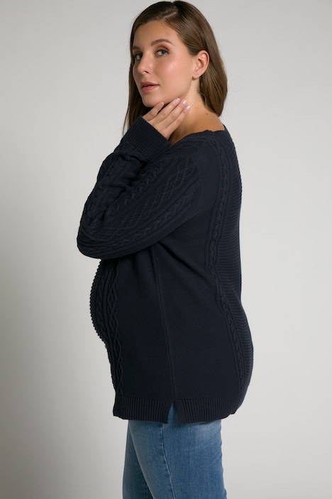 Bellieva-Pullover, Zopfmuster, Rundhals, Langarm, GOTS