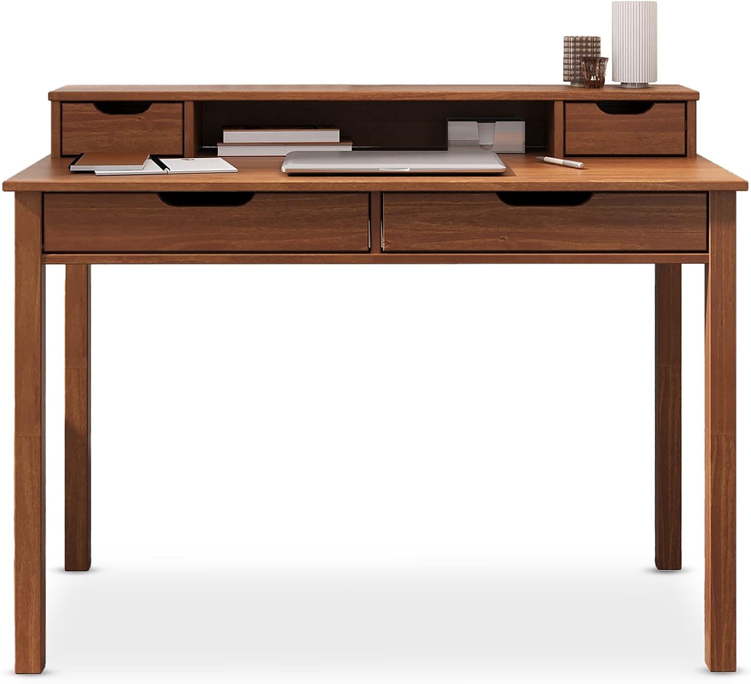 IDIMEX Schreibtisch Raul mit 4 Schubladen aus Massivholz, Kastanien Farben - Bürotisch mit Stauraum und Nische, Home-Office-Schreibtisch, PC-Tisch mit Aufsatz
