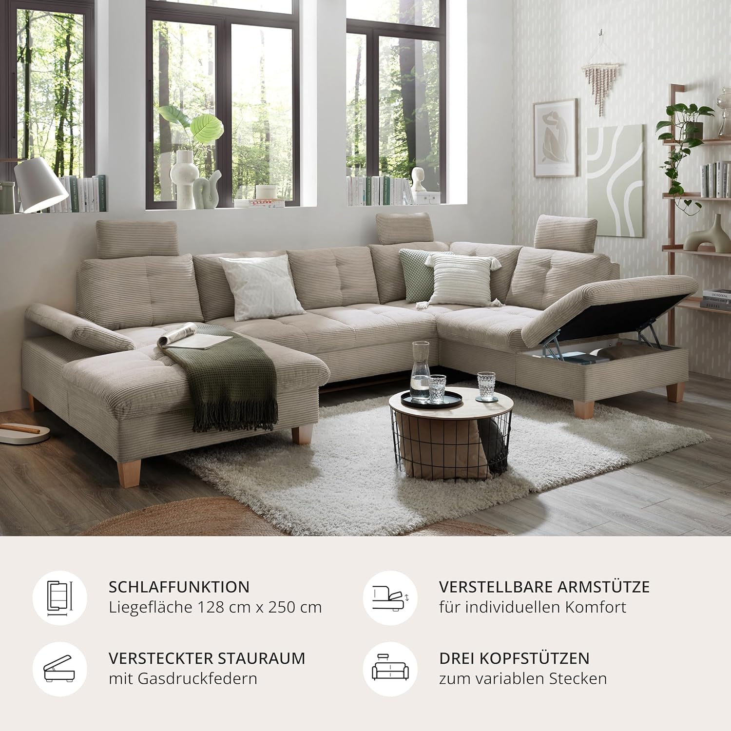 Wohnlandschaft Ascot mit Cord-Bezug und Schlaffunktion in Hellbraun, U-Form inkl. Kopfstützen, Bettkasten und Verstellbarer Armlehne - 324 x 107 x 218 cm (B/H/T)