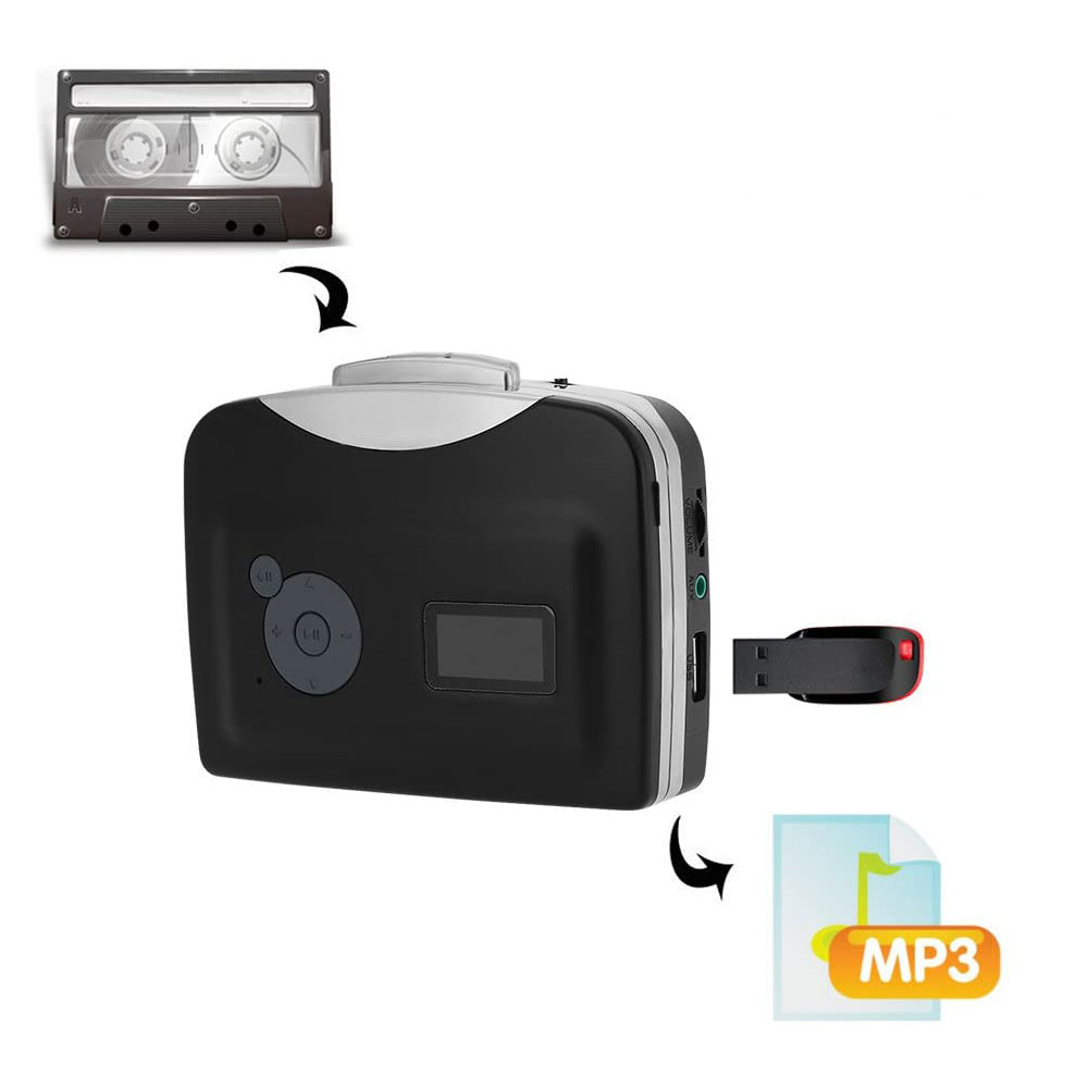 Standalone Kassetten MP3 Konverter Kassettenspieler mit USB Recorder und 3.5mm Kopfhörer Klinke (Batteriebetrieben) - Schwarz / Silber