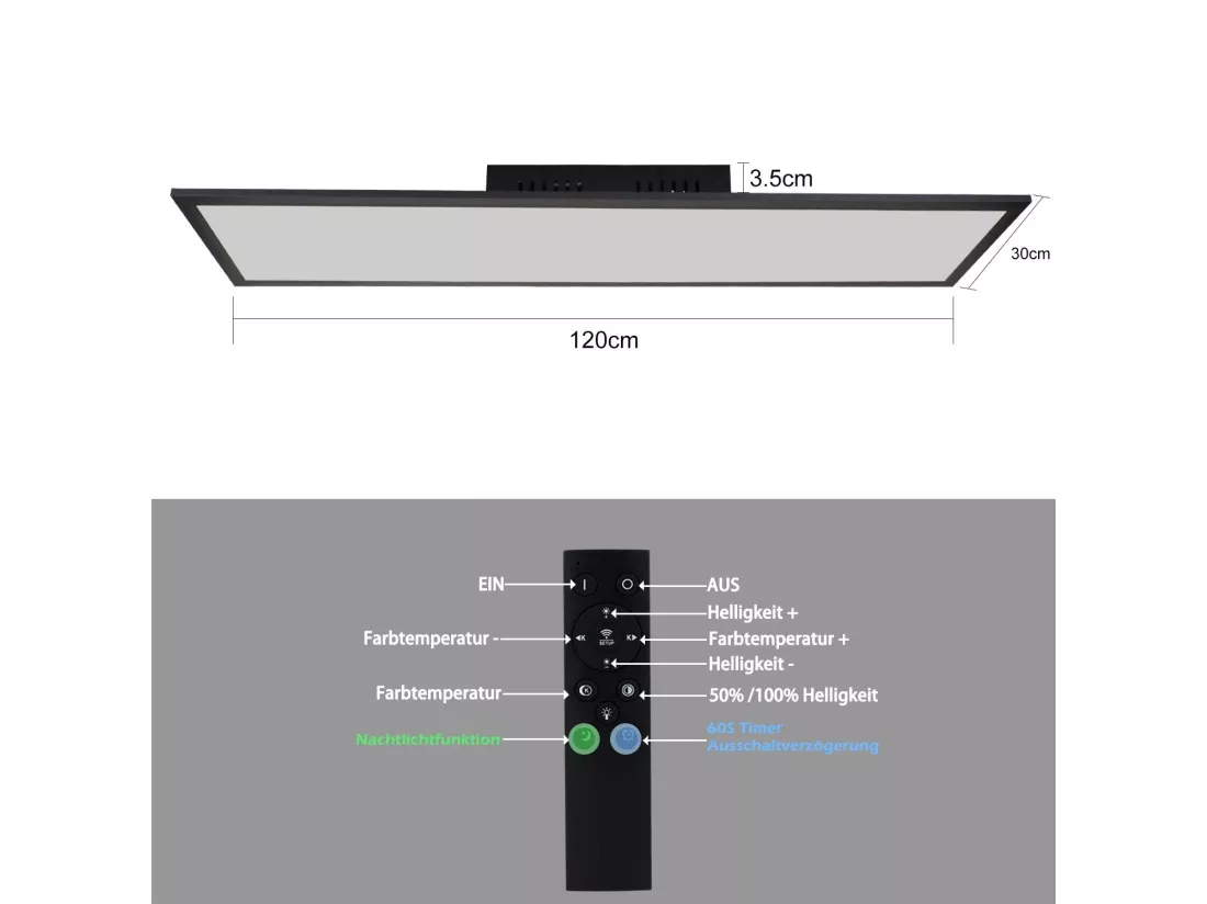 NETTLIFE Plafonnier LED 120x30CM 48W Panneau Noir Dimmable avec Télécommande pour Salon Moderne Bureau Cuisine Couloir