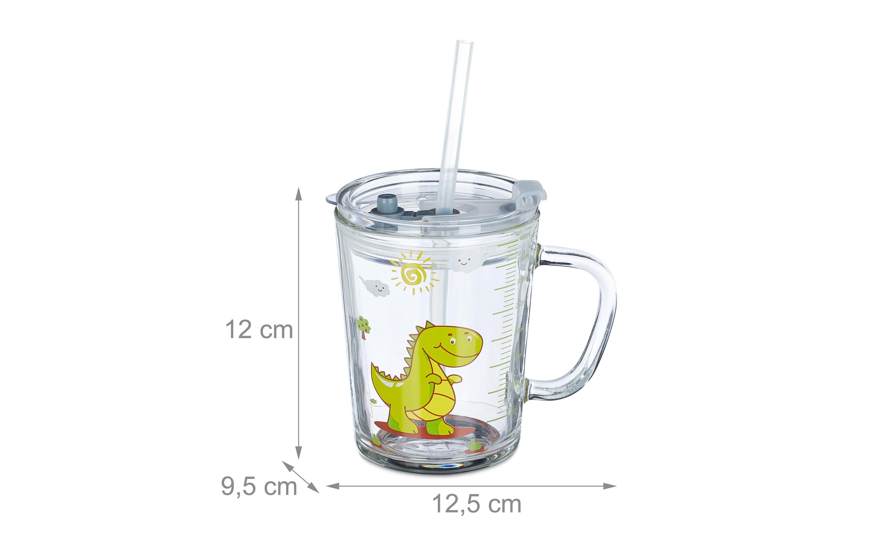 Kindertrinkbecher Dino 400 ml 2er Set, GlasNiedliches Gläser-Set mit Deckel und Strohhalm