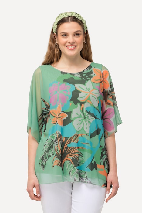 Bluse, Blüten, doppellagig, Rundhals, Halbarm