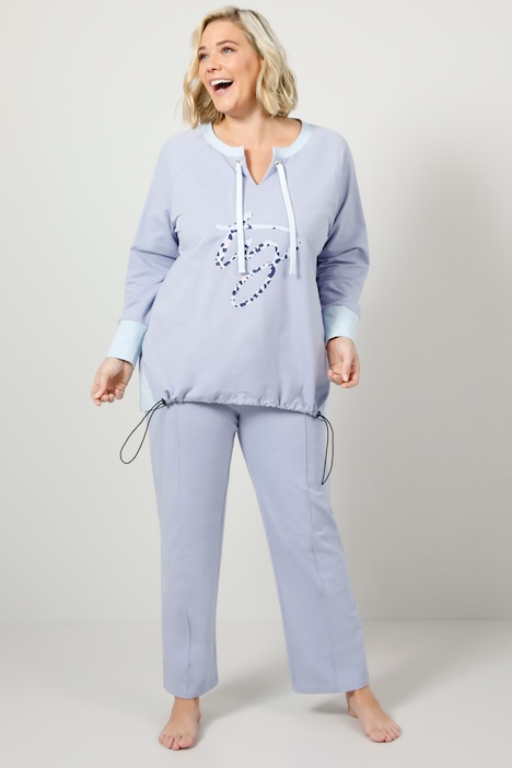 Freizeit-Anzug, Zweiteiler, Langarmshirt mit Print, lange, gerade Hose