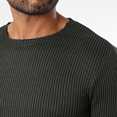 Tee Shirt Manches Longues A Bandes Vert Kaki Noir