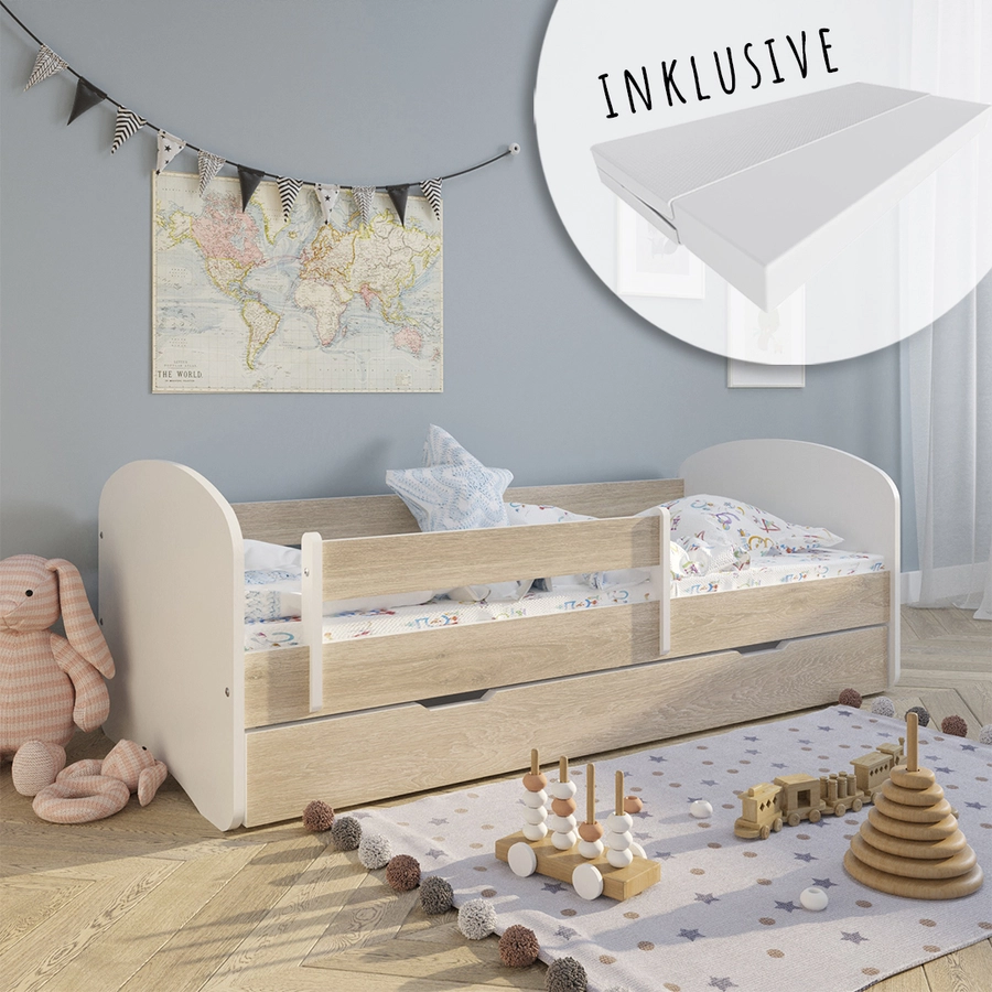 Kids Collective Kinderbett 70x140 mit Matratze, Rausfallschutz & Lattenrost natur mit Schublade
