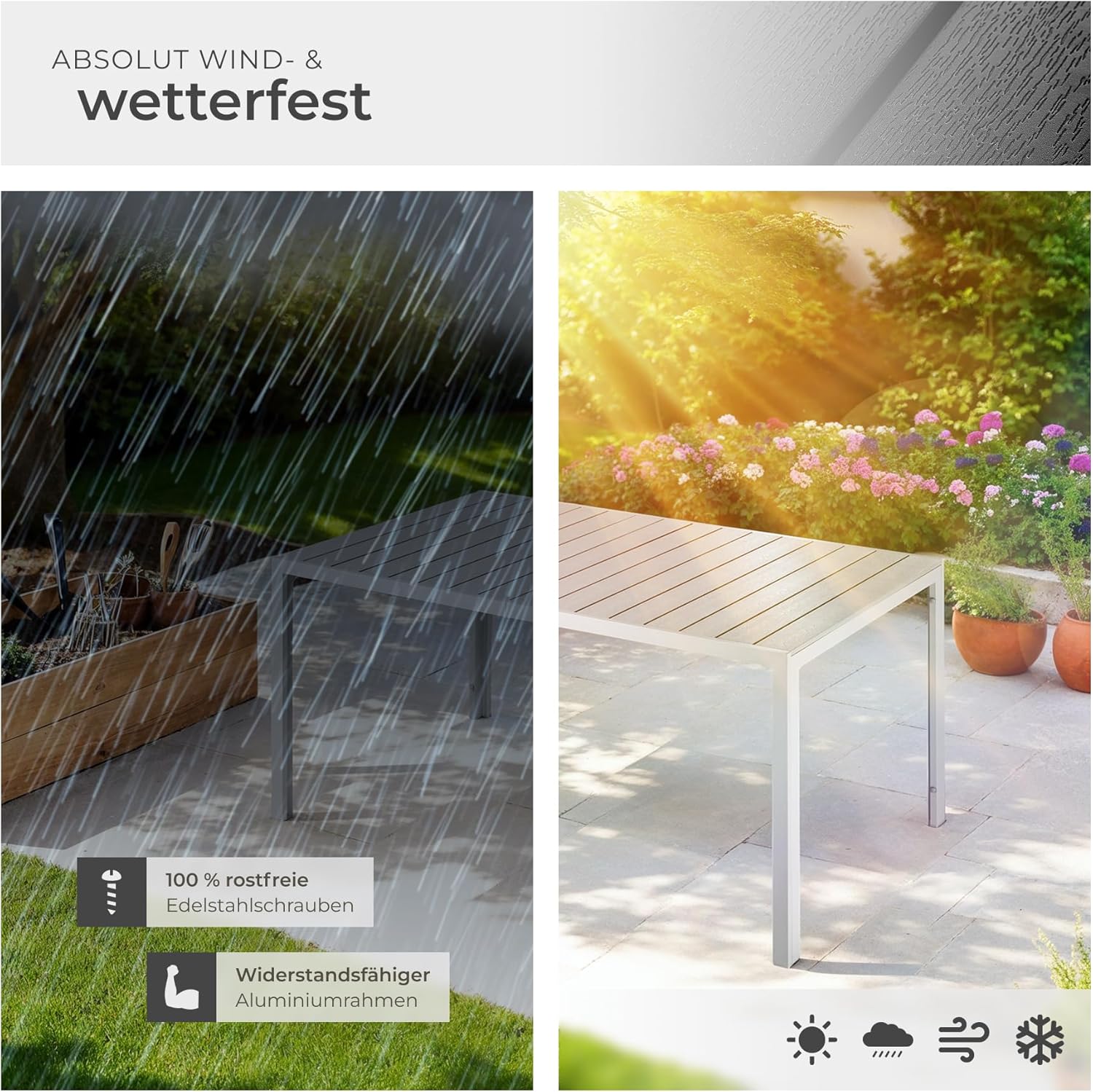 tectake® Gartentisch, Outdoor Esstisch, Balkontisch in Holz Optik, Terrassentisch mit Aluminiumrahmen, Gartenmöbel wetterfest, 150 x 90 x 74,5 cm, Tisch für Garten, Lounge, Sitzgruppe - Silber/grau
