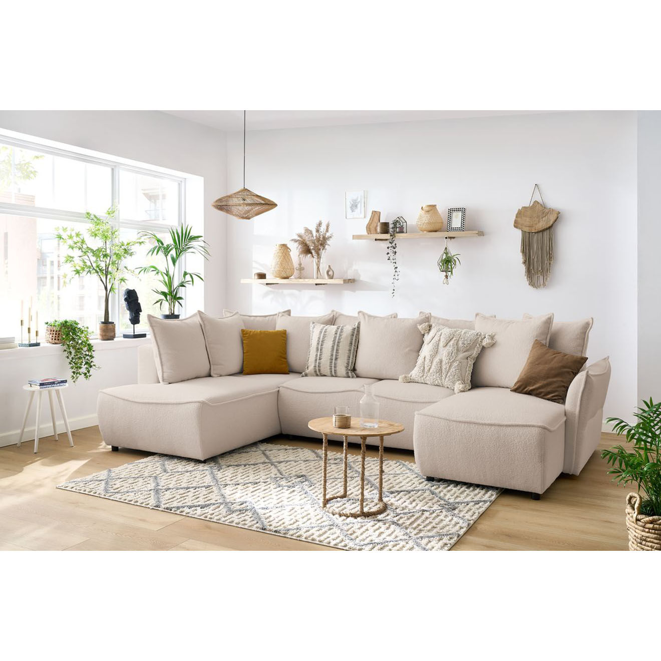 Bobochic Canapé panoramique convertible coffre d'angle droit bouclette léon beige - 320x194x90 cm