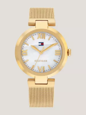 Relógio com pulseira de malha banhada a ouro