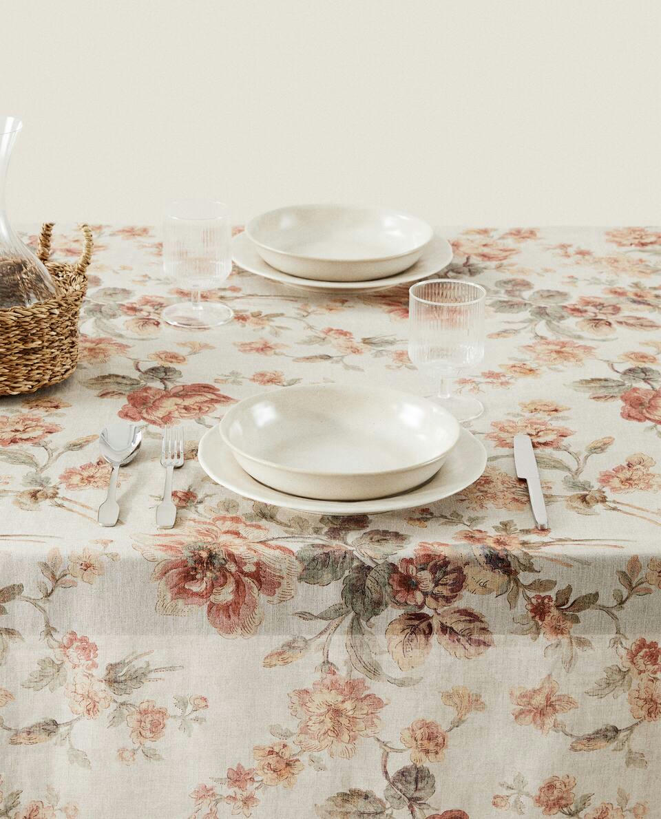 TOALHA DE MESA DE LINHO COM ESTAMPA FLORAL
