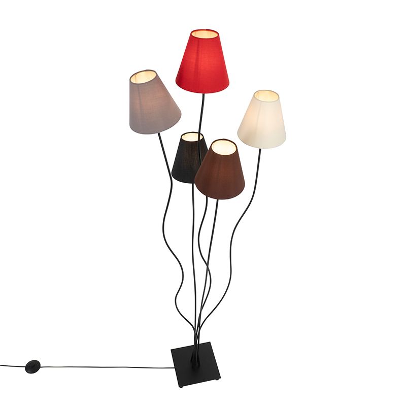 Design vloerlamp zwart met stoffen kappen 5-lichts - Melis