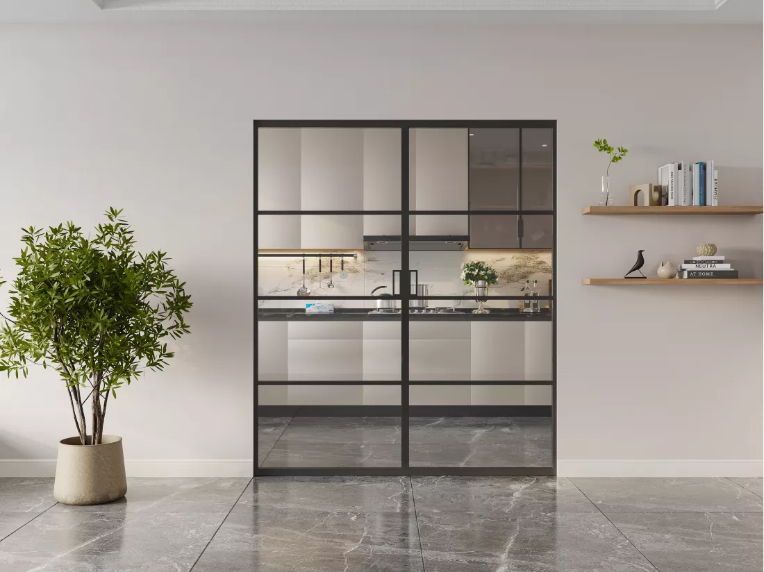 Porte coulissante double avec système à galandage - aluminium et verre trempé transparent - 2 x H205 x L73 cm - SINCA II