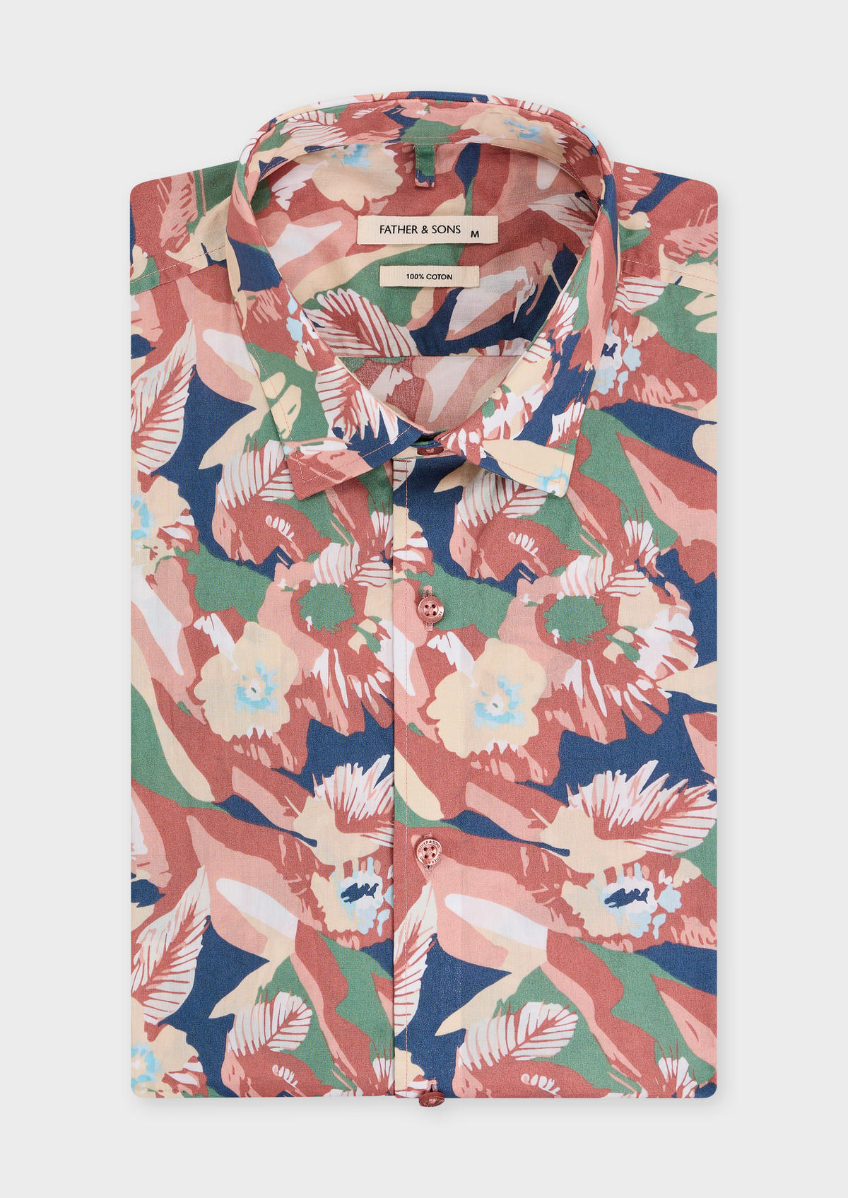 Chemise sport Slim en popeline de coton bleu marine à motif fleuri rose, vert et beige