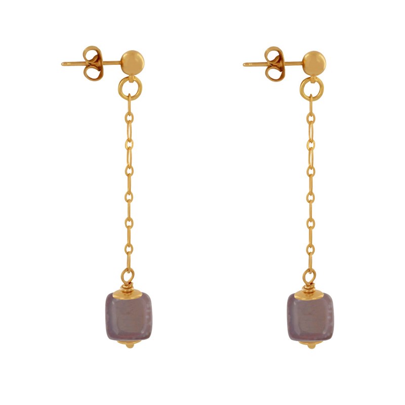 Boucles d'Oreilles Chainette Laiton Doré et Cube en Céramique