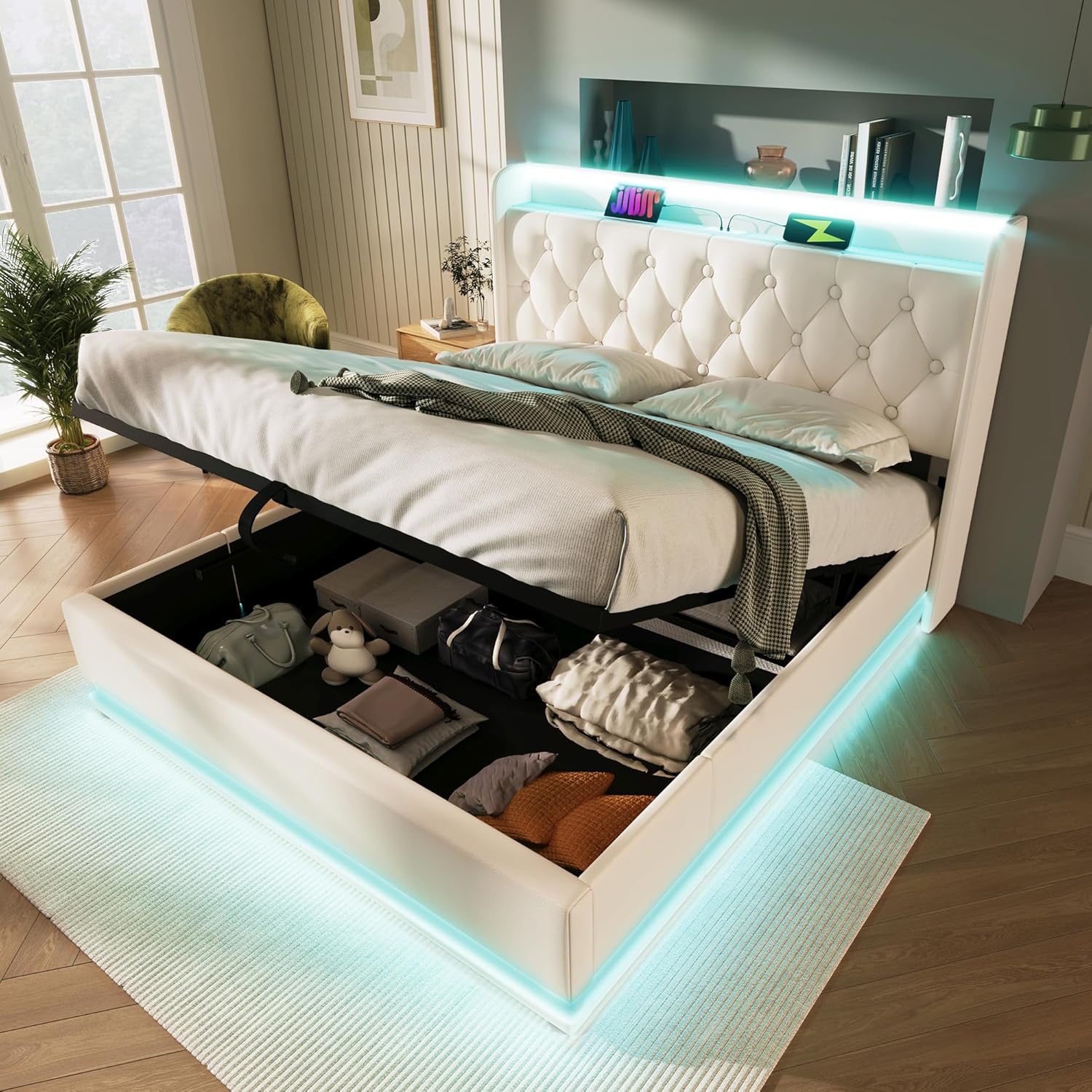 Polsterbett Doppelbett 180x200, LED Jugendbett Hydraulisch Stauraumbett Funktionsbett Bettgestell mit Stauraum & Lattenrost, Kopfteil mit USB Typ-C Ladefunktion & Staufach, PU, Ohne Matratze, Weiß