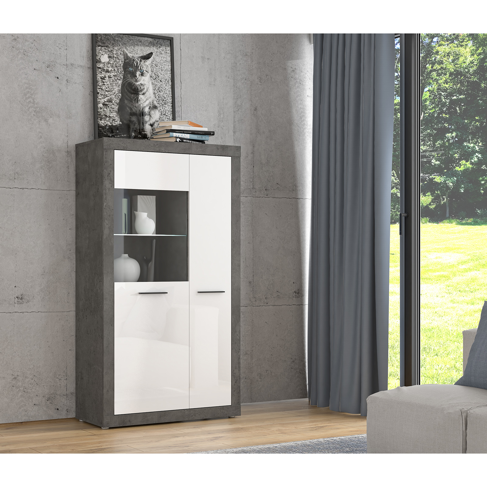 Highboardvitrine - Betonoptik - weiß - 168 cm hoch