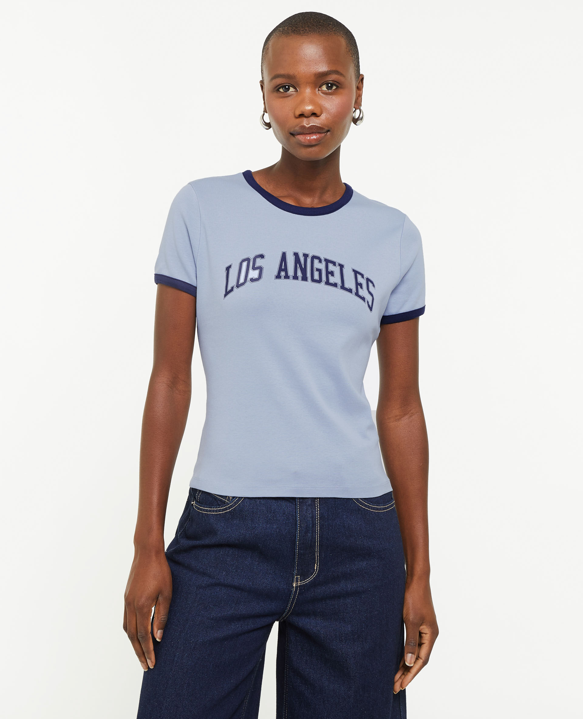 T-shirt manches courtes avec bords contrastés - Bleu