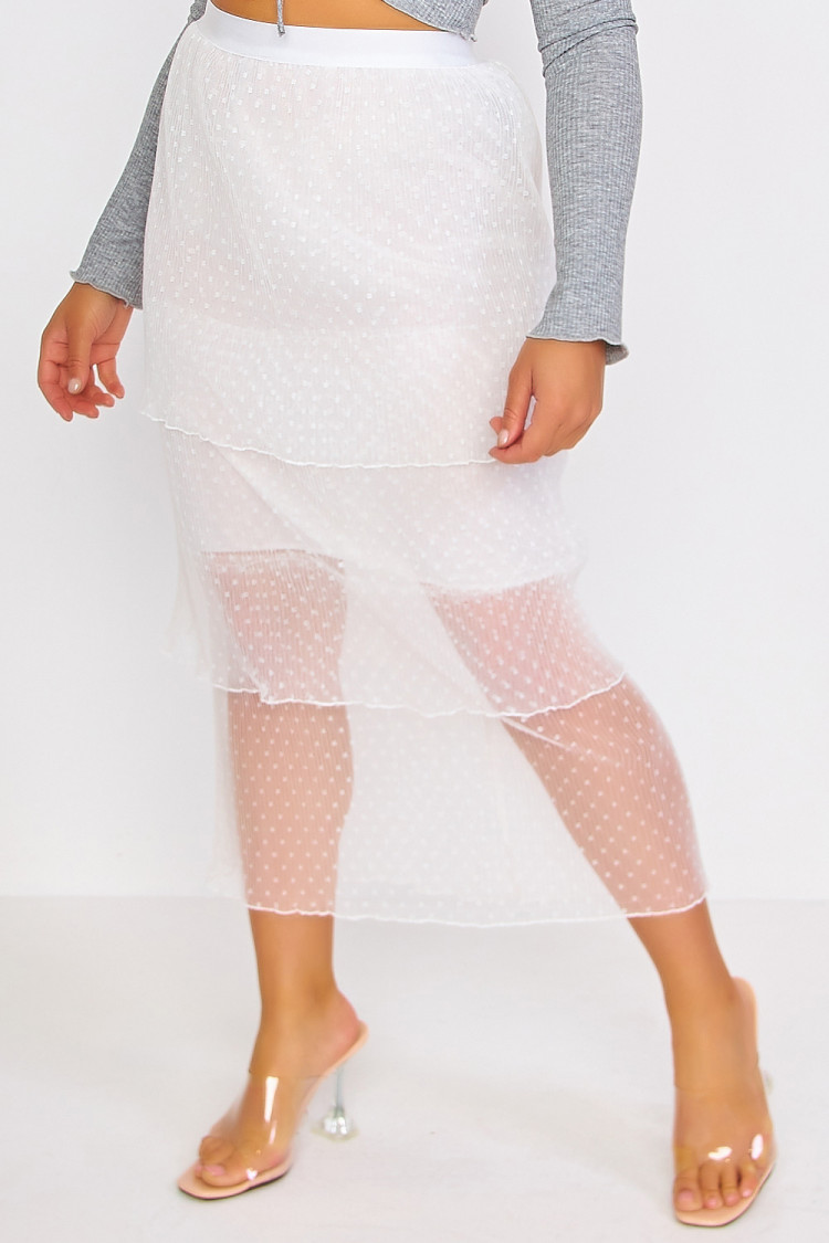 Jupe longue en tulle blanc imprimé pois