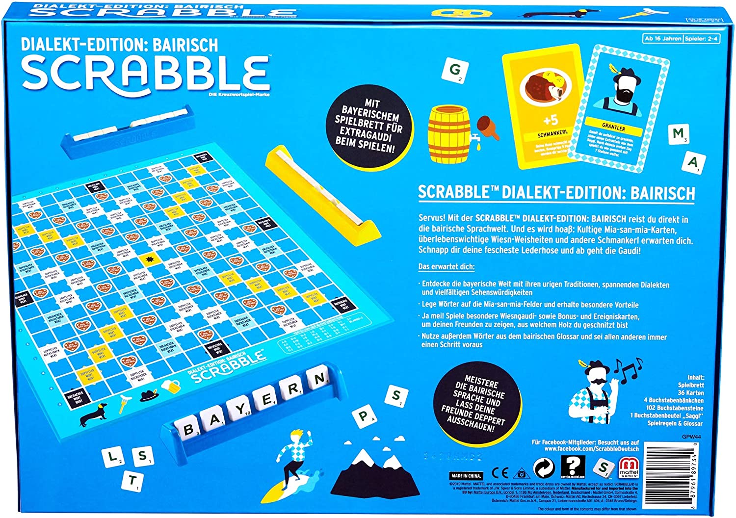 Mattel - Scrabble - Dialekt-Edition: Bairisch Bayrisch Brettspiel Wörterspiel Dialekte