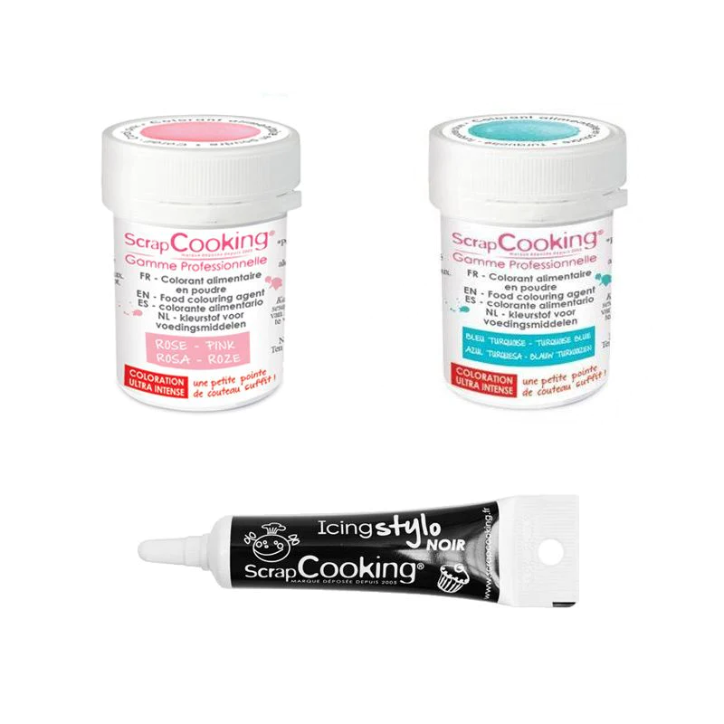 2 colorants alimentaires turquoise-rose poudré + Stylo glaçage noir Sc
