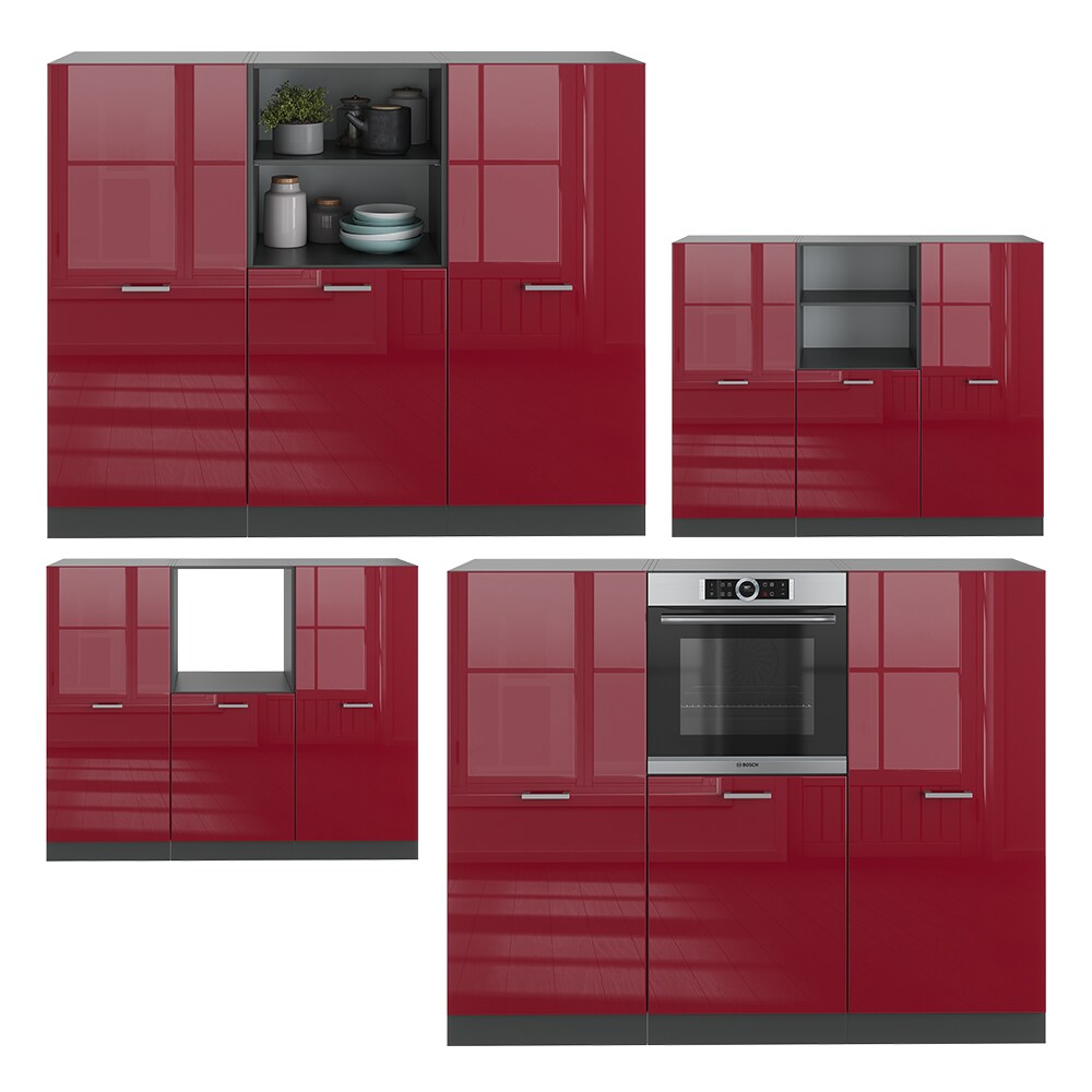 Vicco Küchenzeile Küchenblock Einbauküche R-Line Anthrazit Bordeaux Hochglanz Backofen