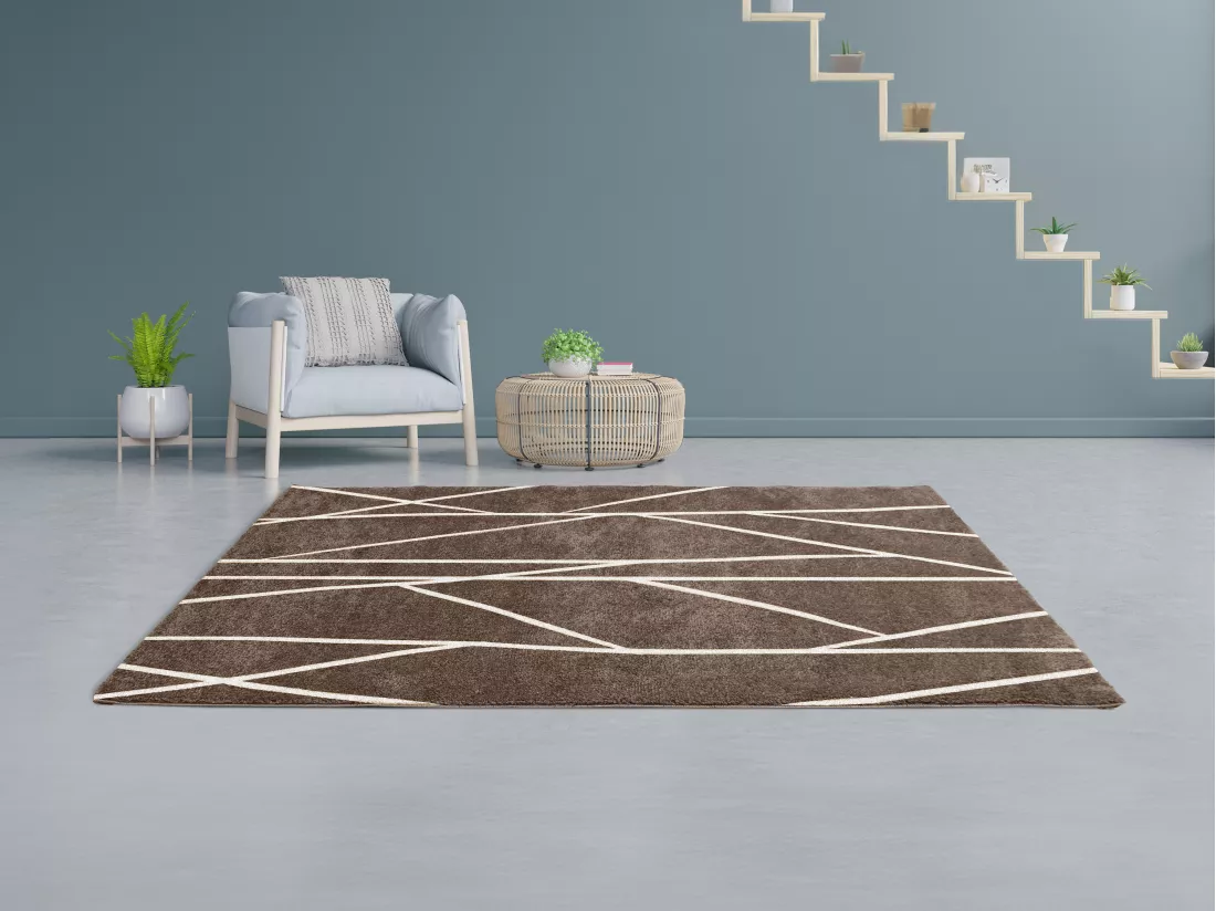 Tapis shaggy berbère lignes asymétriques - 160 x 230 cm - Marron et blanc - BARDIO