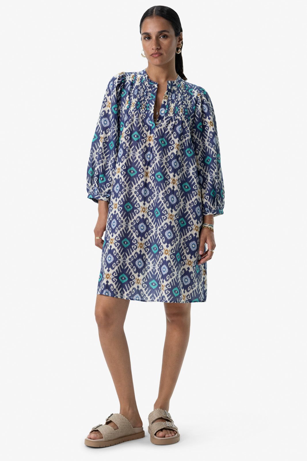 Blauwe A-lijn midi jurk met print