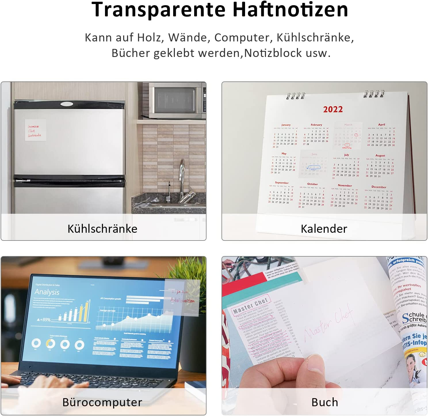 (75x75mm) Wasserfeste Haftnotizen Wiederbeschreibbare Sticky Notes Zettelblock 50 Blatt Blanco - Transparent