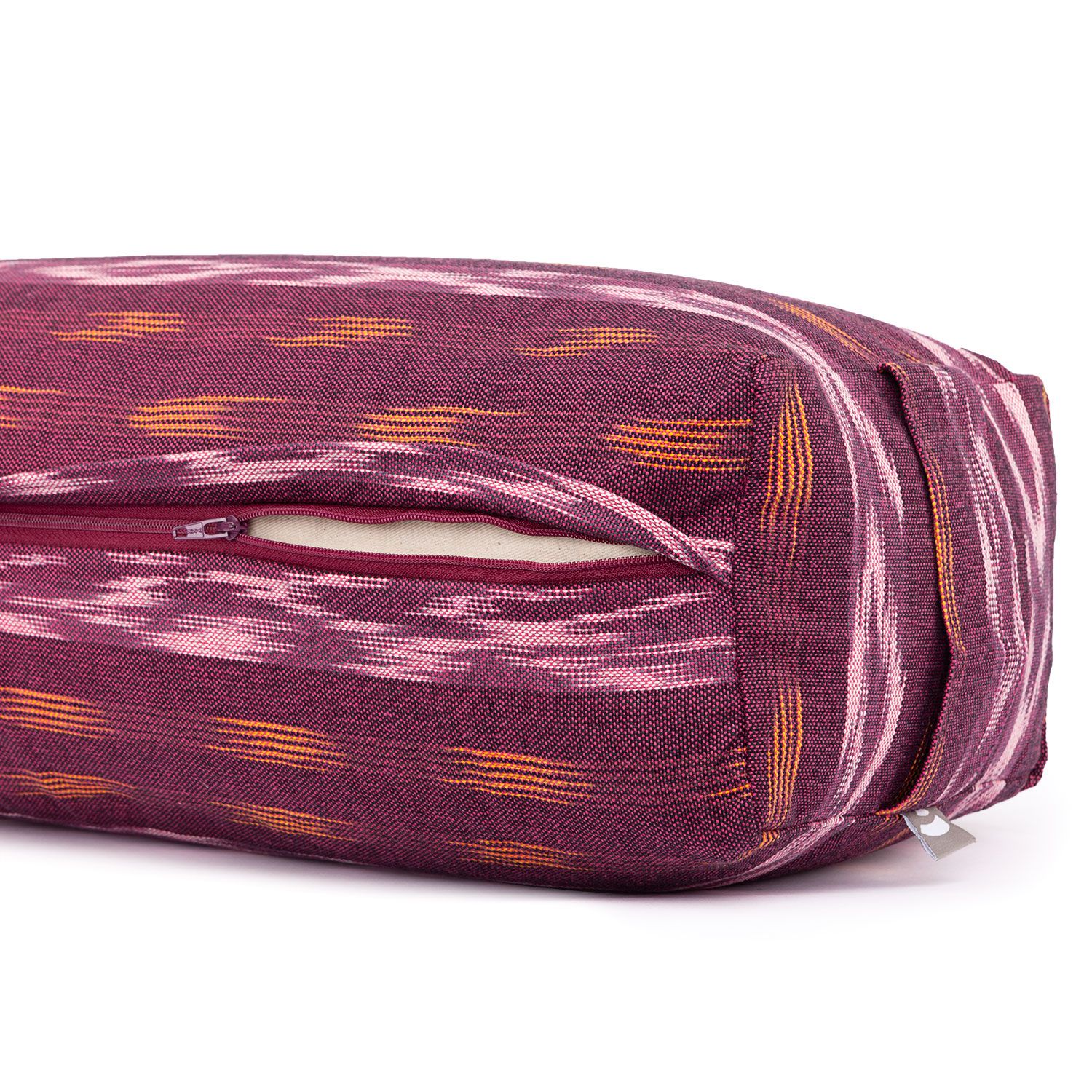 bodhi ETHNO Collection: Salamba (rechteckig) Yoga-Bolster Ikat-Webstoff, weinrot gem., Dinkelhülsen