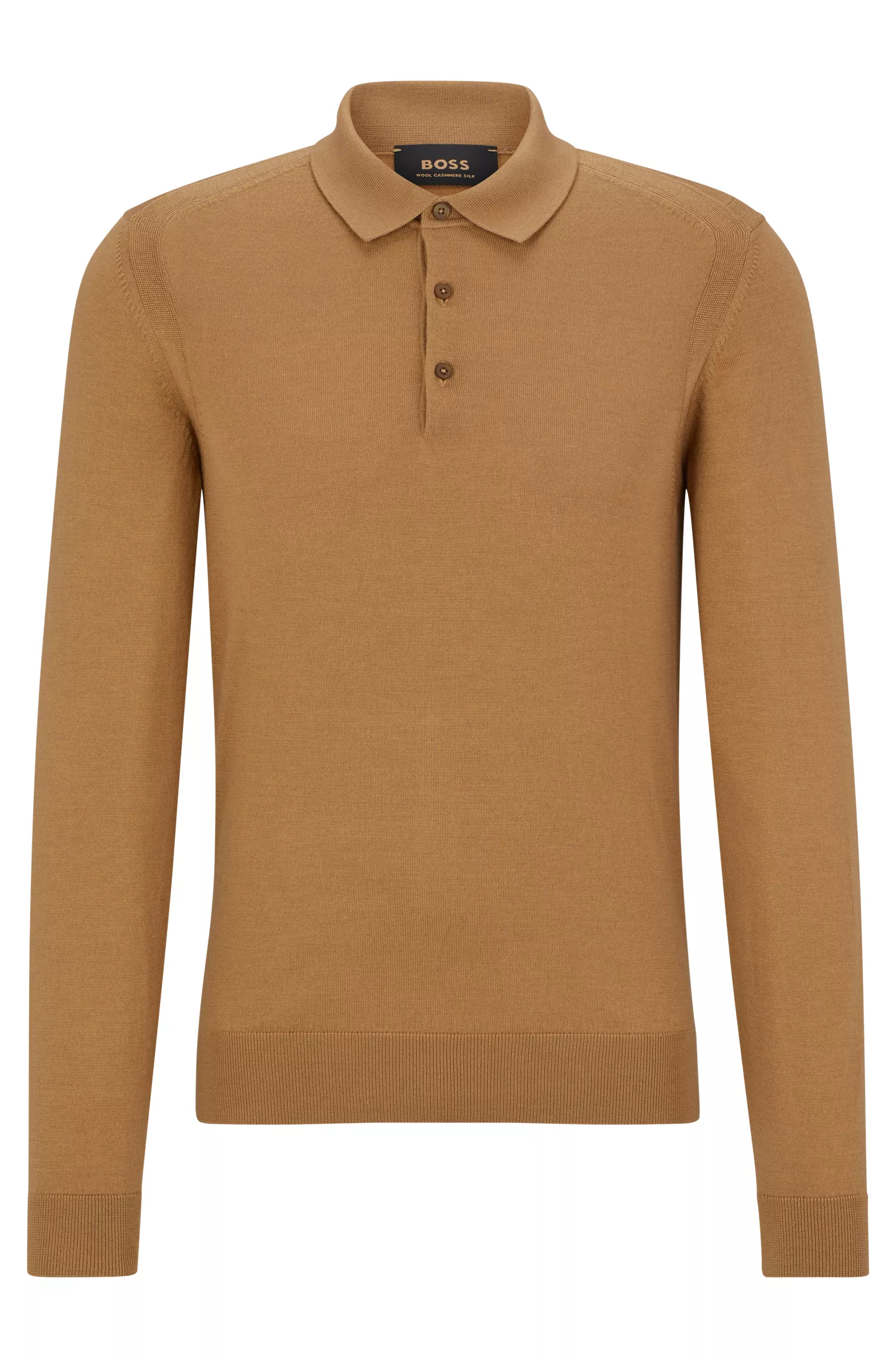 Suéter BOSS cor camelo com gola polo em lã, seda e cashmere.