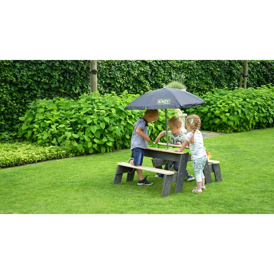 EXIT Aksent Sand,- Wasser- und Picknicktisch (1 Bank) mit Sonnenschirm und Gartenwerkzeugen