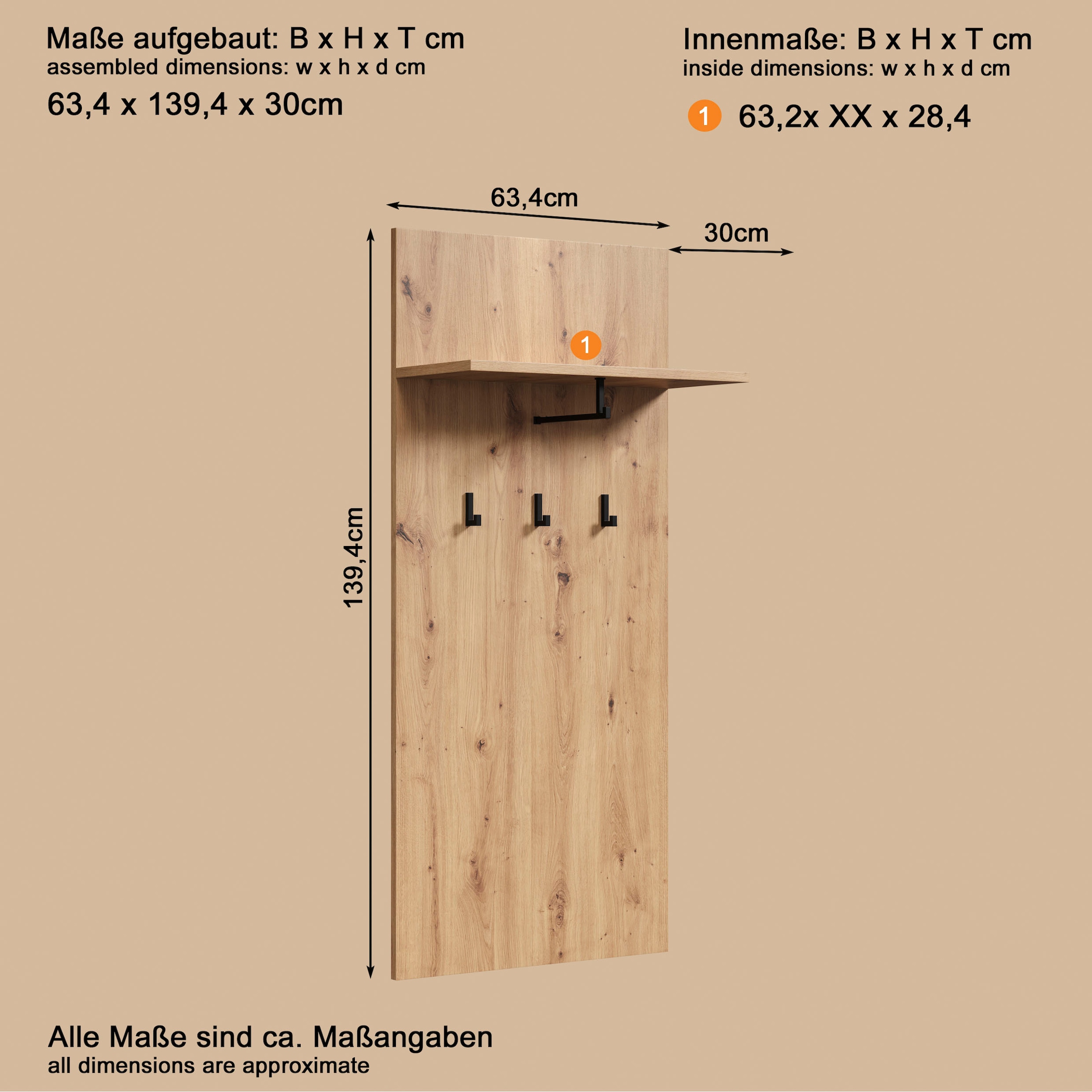 PLACES OF STYLE Garderobenpaneel »Tarragona« 1 Stk. tlg. Wandpaneel mit Ablage & Kleiderstange - (B/T/H) 63/30/139 cm