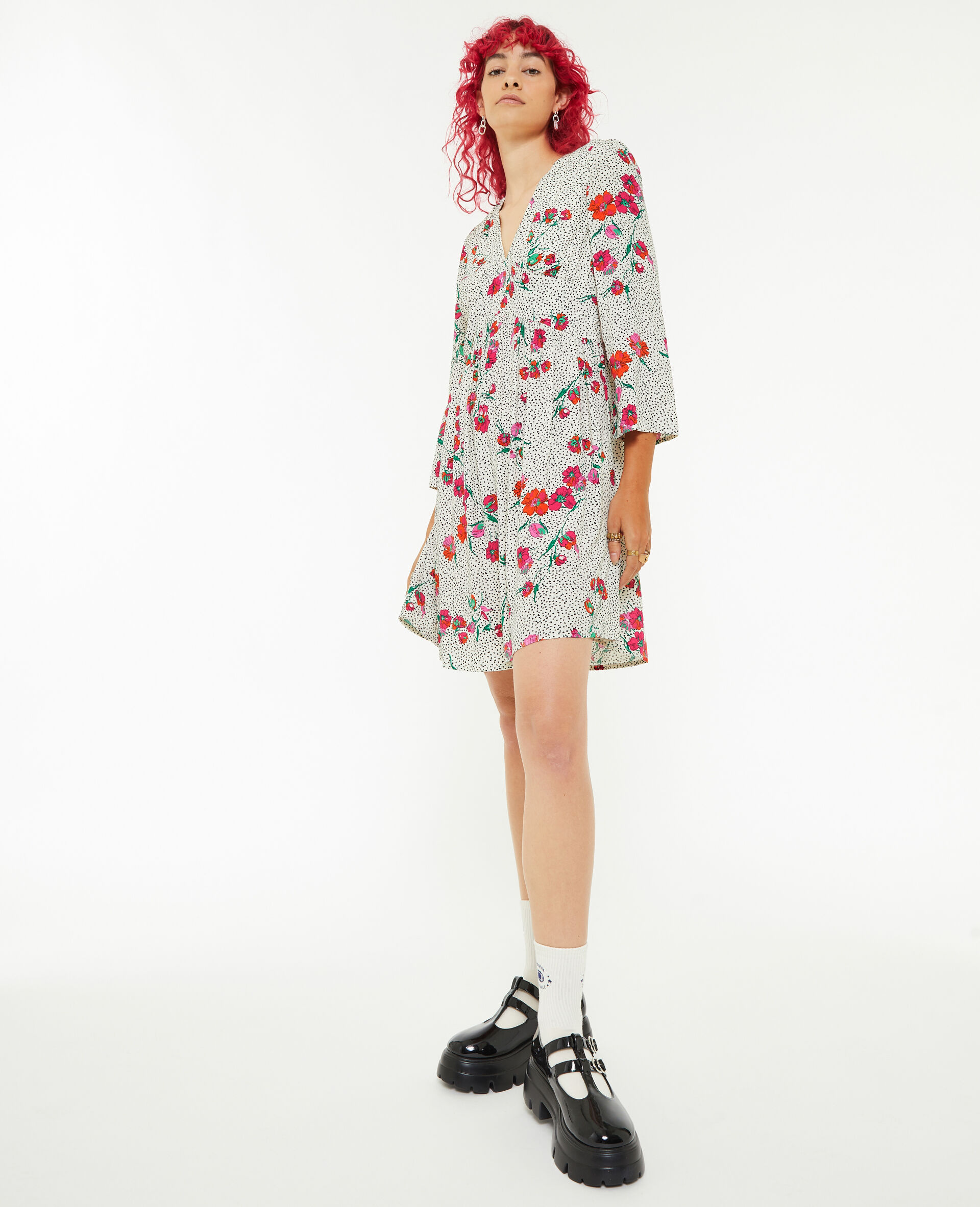 Robe courte imprimée fleurs - Blanc