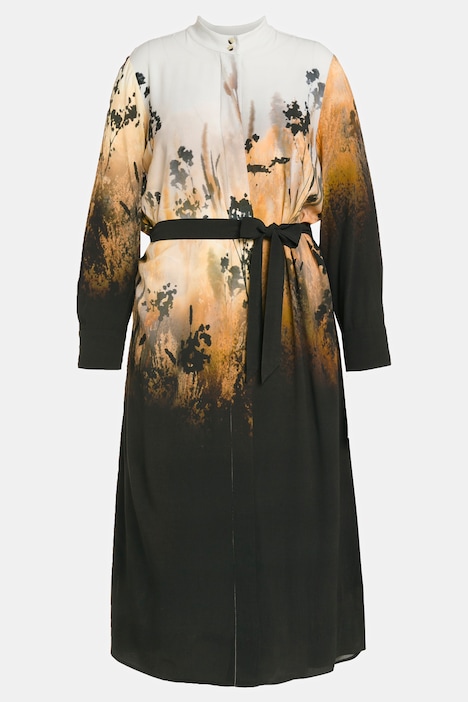 Kleid, Farbverlauf, Bindegürtel, Stehkragen, Langarm