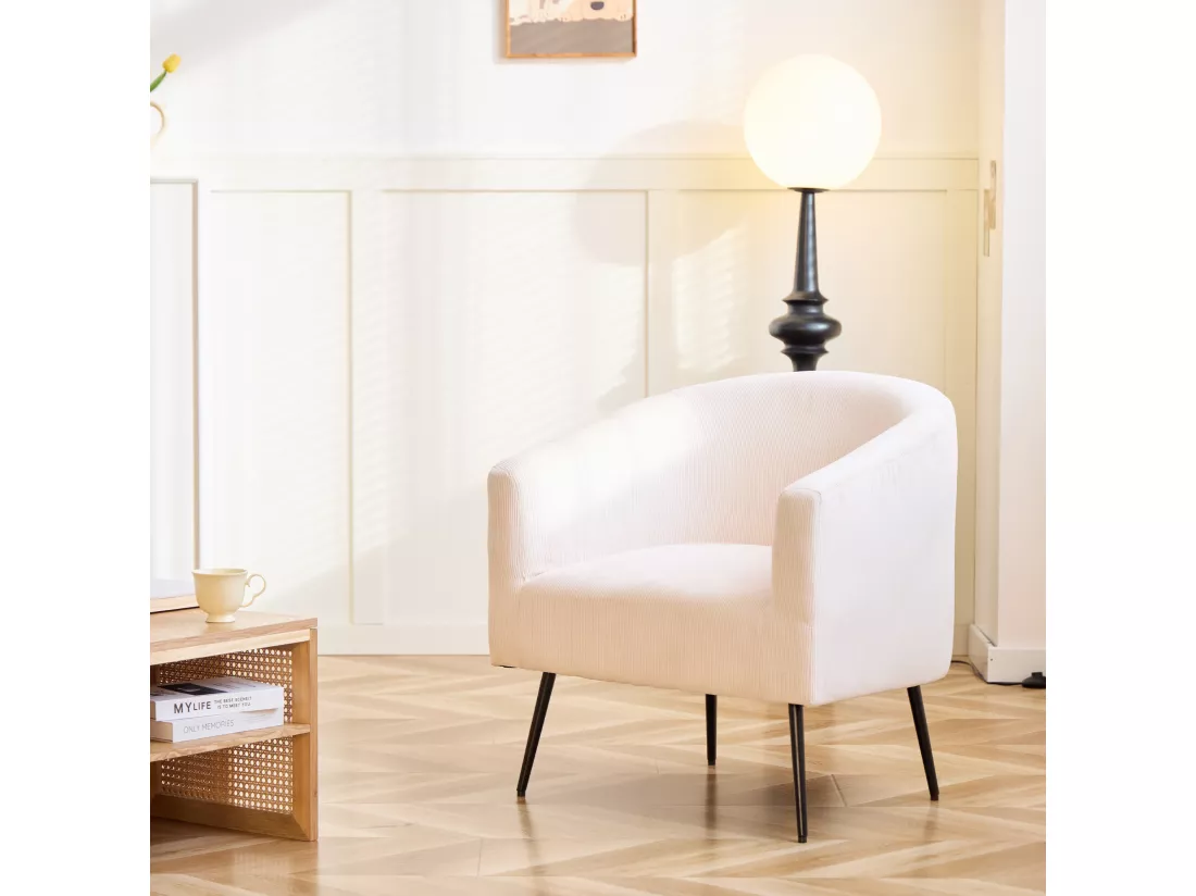 Fauteuil de salon en métal et velours côtelé beige