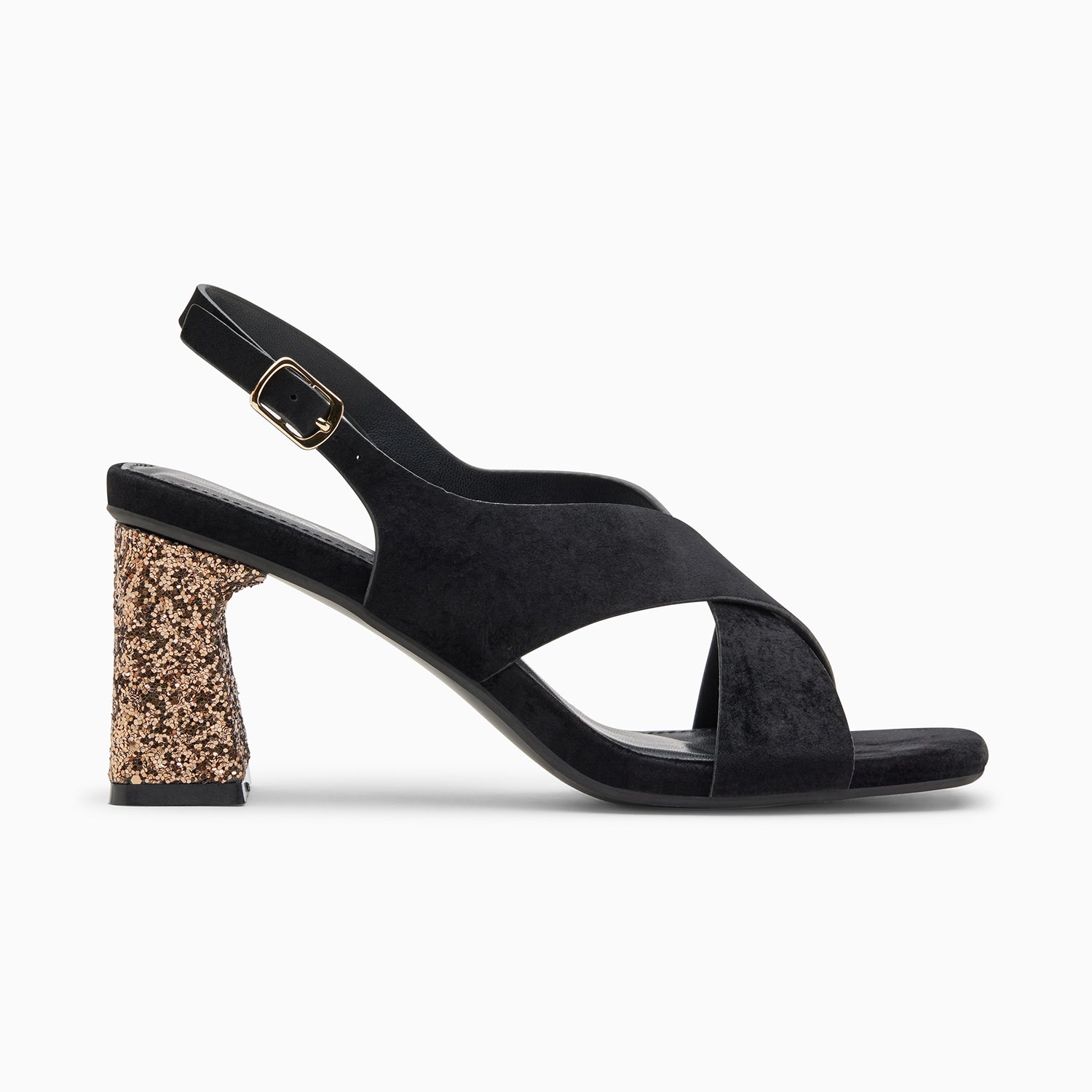 Sandales à talon, Compensées-Sandales Milan noires à brides croisées et talon bronze pailleté