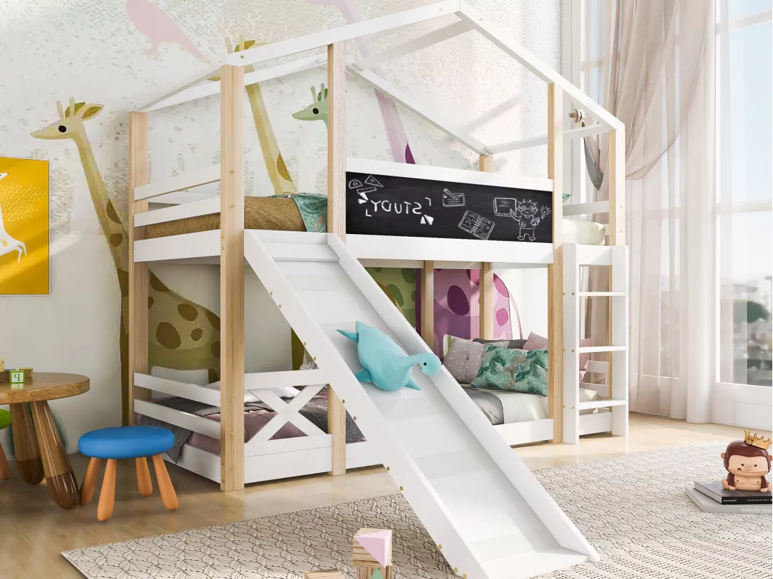 Lit superposé cabane - 2 x 90 x 200 cm - pin et MDF - toboggan, échelle et sommier à lattes - coloris: naturel et blanc