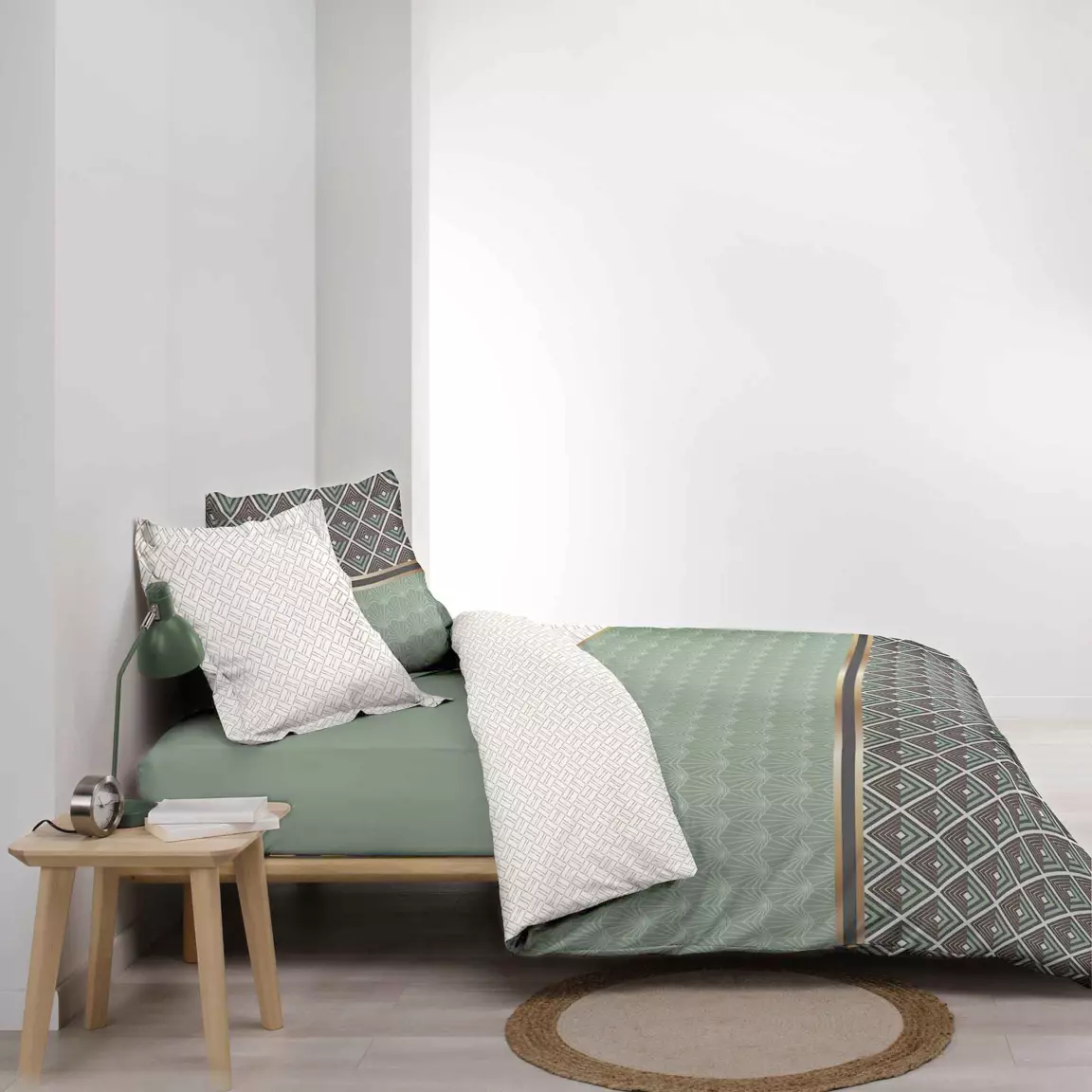Housse de couette et deux taies percale de coton (240 x 220 cm) Belor Verte