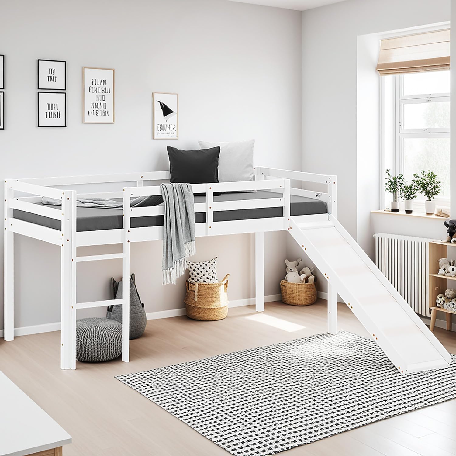Homestyle4u Hochbett 90x200 mit Rutsche Treppe Weiß Kinderbett Etagenbett Bettgestell Kiefer Holz Massiv Stockbett Bunk Bed | Artikel 1434