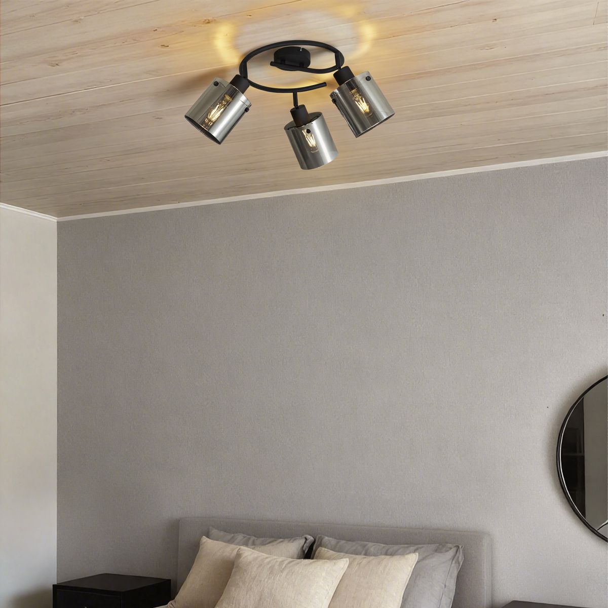 Design plafondspot zwart met smoke glas rond 3-lichts - Domo