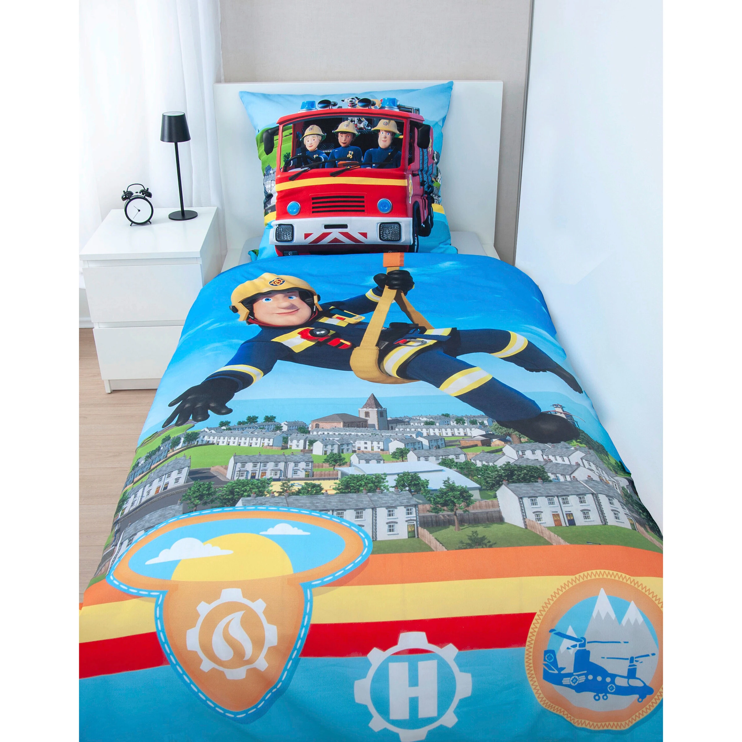 Herding - Feuerwehrmann Sam Flanell Wende-Bettwäsche 80x80 / 135x200 cm blau / Feuerwerhmann Sam