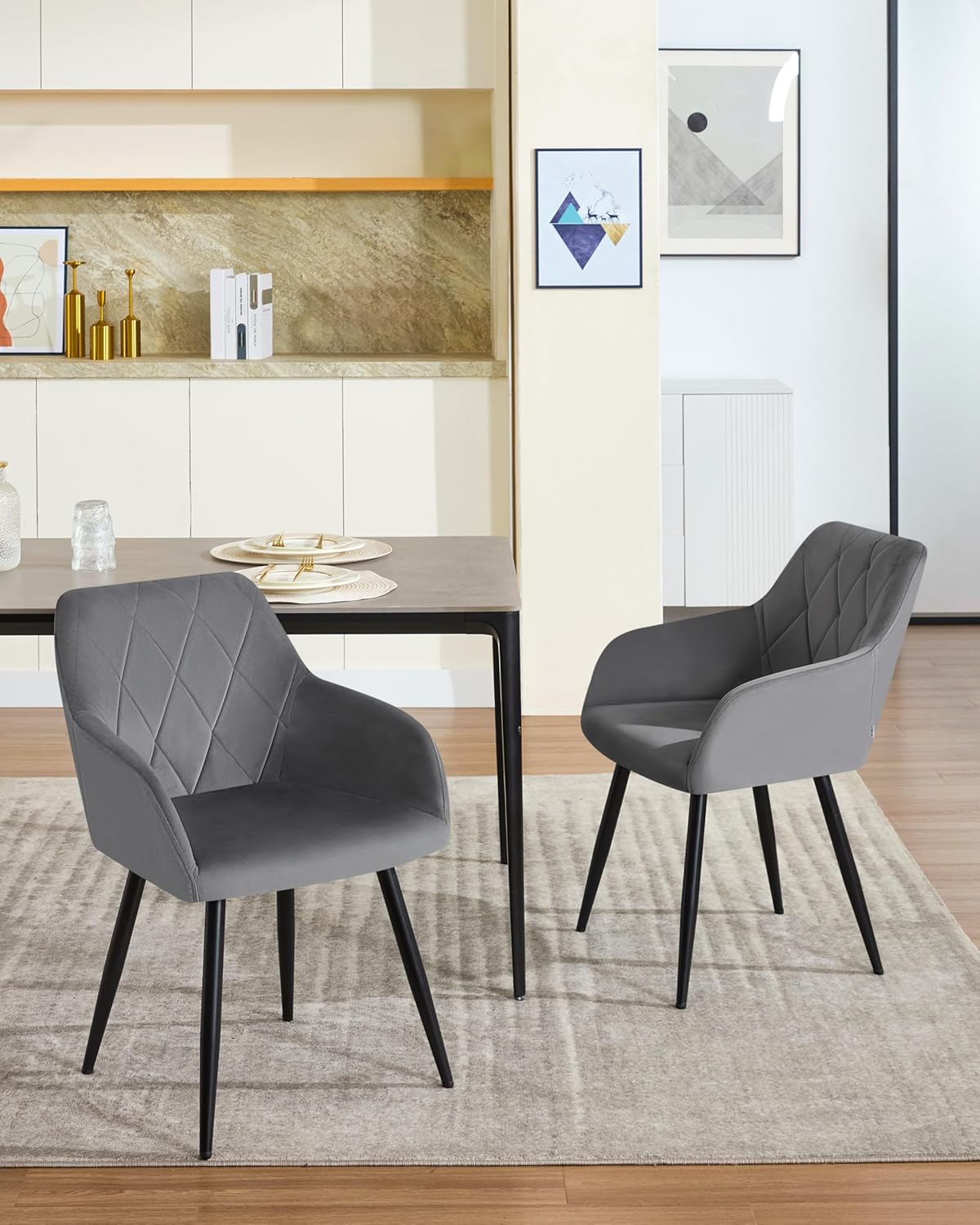 WOLTU 6er Set Esszimmerstühle mit Armlehne Rückenlehne, für Esszimmer Wohnzimmer Küche, Bequeme Küchenstühle gepolstert mit Samtbezug, Metallbeinen, Dunkelgrau