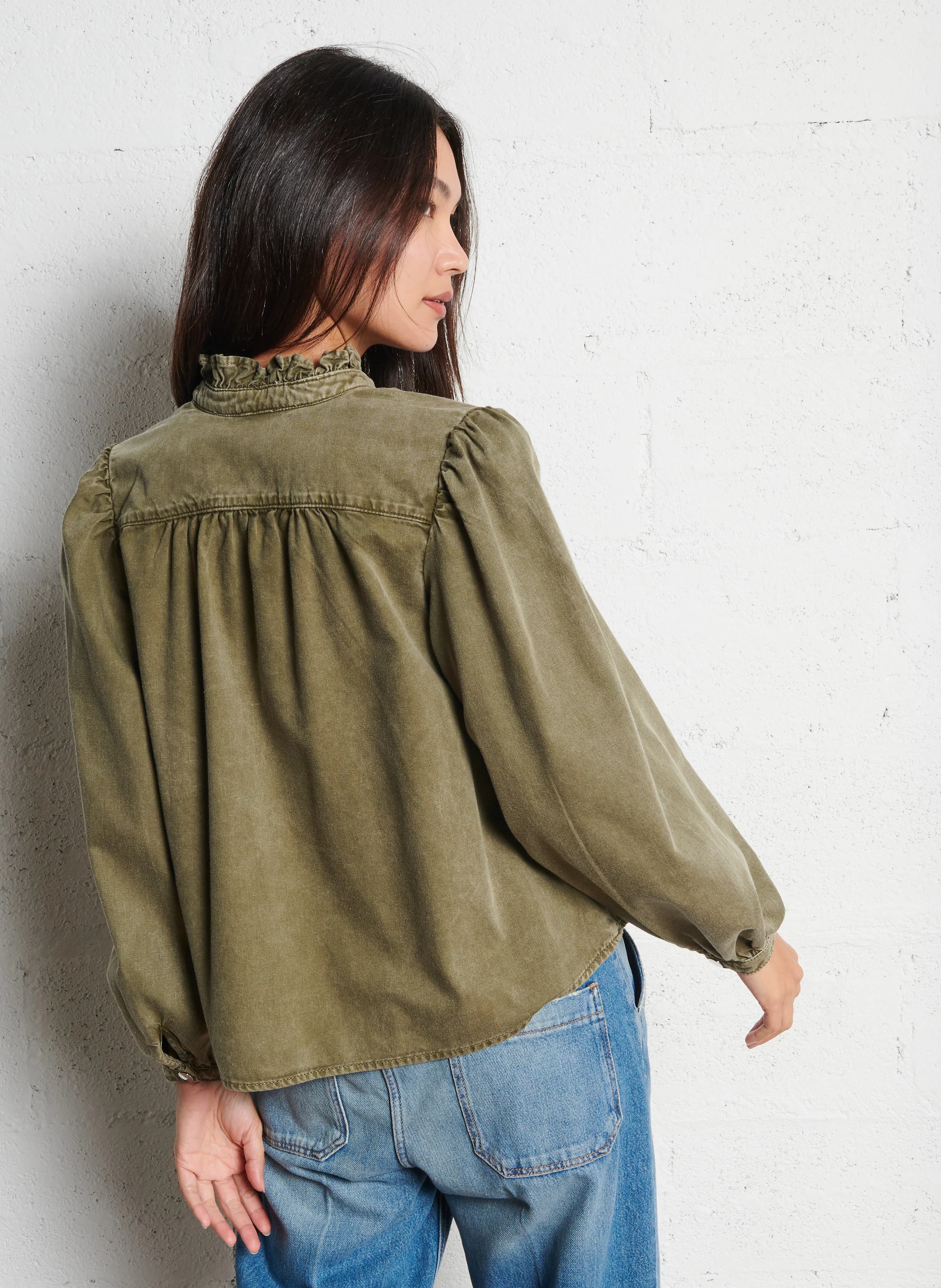 OLOUISE - Top manches longues denim en coton | Kaki