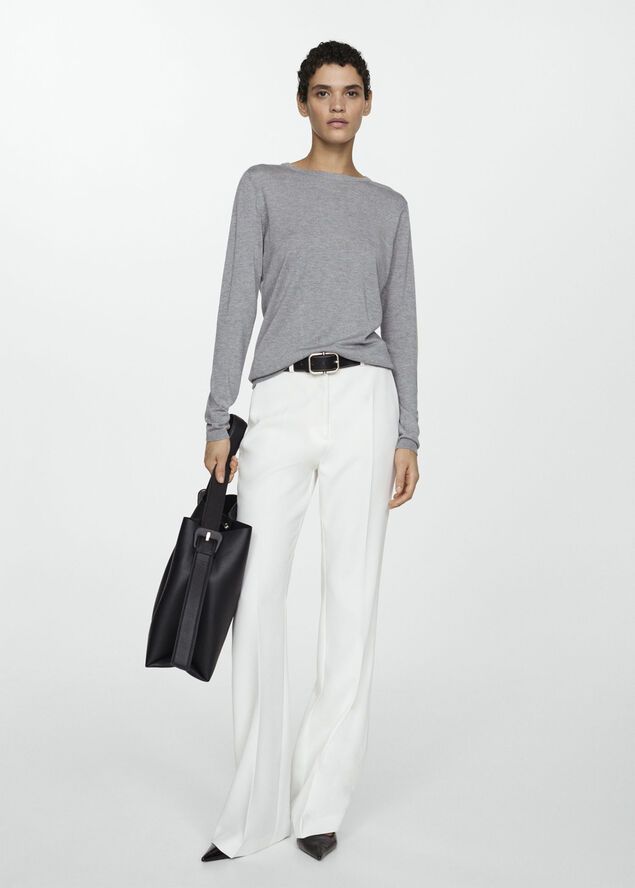 MANGO Fine-knit round-neck sweater Lt pastel grey
