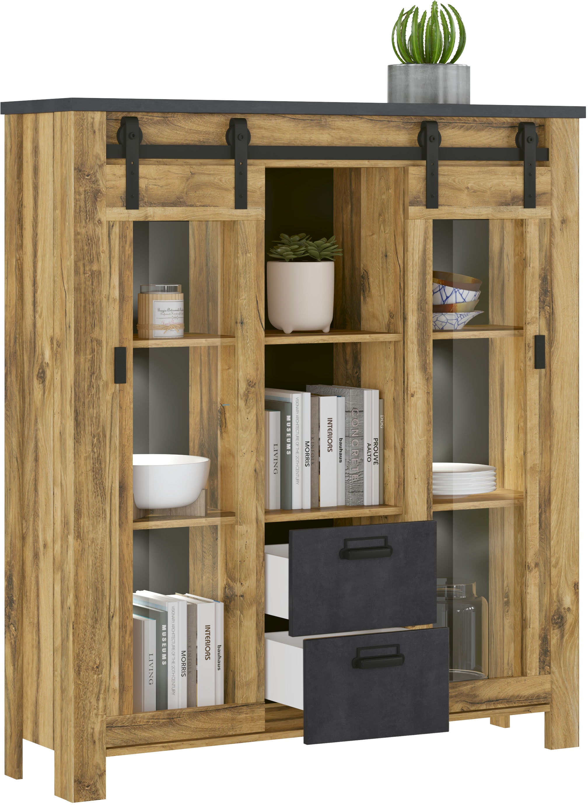 Home affaire Highboard »York, moderner Hochschrank, Vitrine in Hunton Oak, Industrialdesign« mit Scheunentorbeschlägen & Apothekergriffen aus Metall, 150 cm hoch
