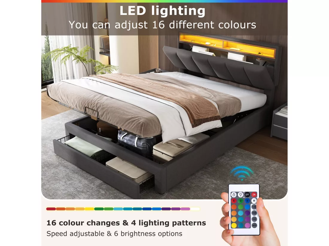 Lit coffre rembourré 140x190cm en lin avec tiroirs - tête de rangement avec LED - sommier à lattes - Gris