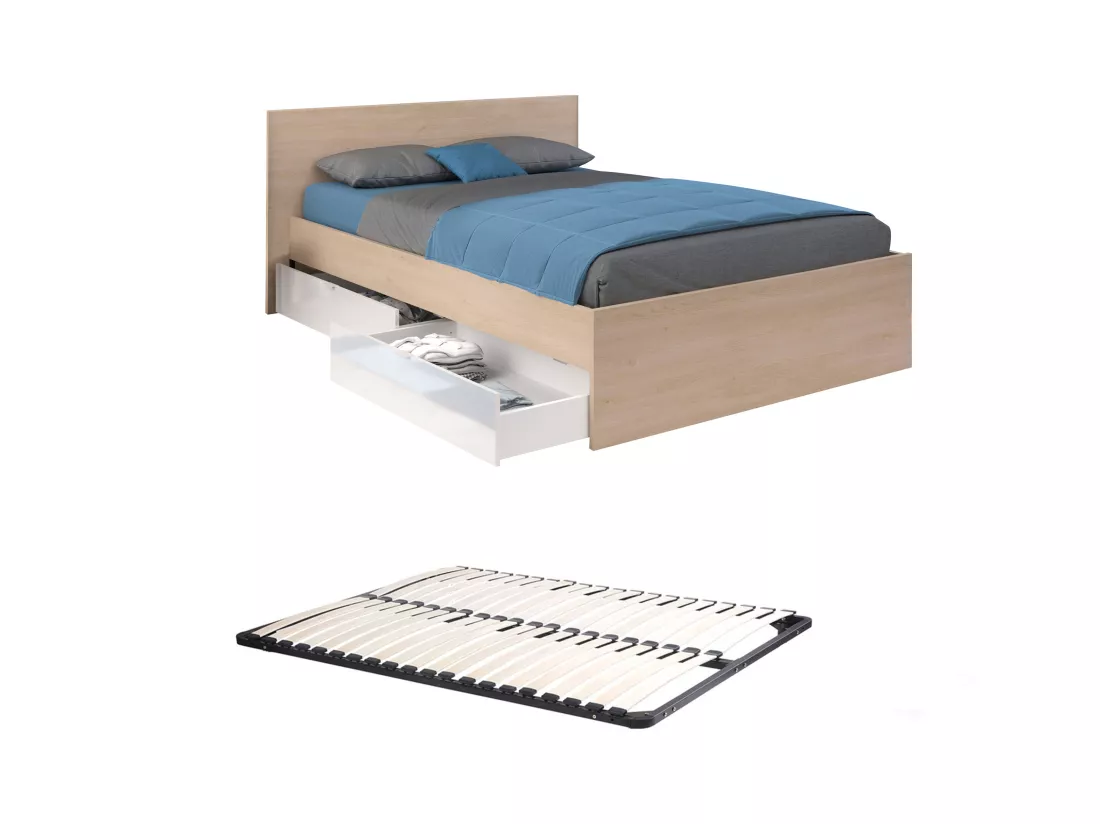 Lit avec 2 tiroirs 140 x 190 cm - Coloris : Naturel et blanc brillant + sommier - VELONA
