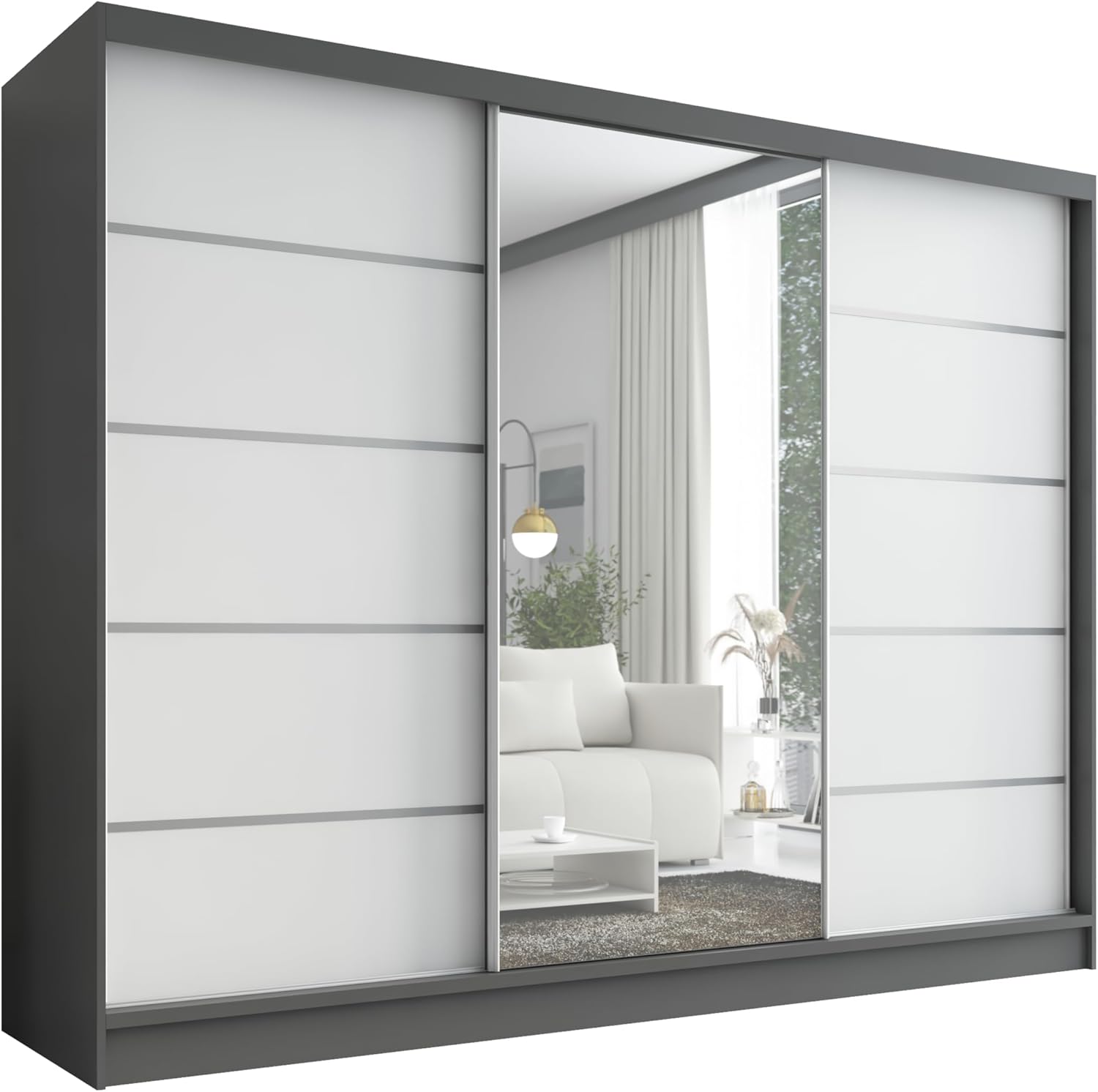 A&J MöbelLand Kleiderschrank Aurelia 1 – Schwebetürenschrank 200 cm breit mit Spiegel, 3-türig, Kleiderschrank mit Schubladen, Schiebetürenschrank für Schlafzimmer oder Garderobe